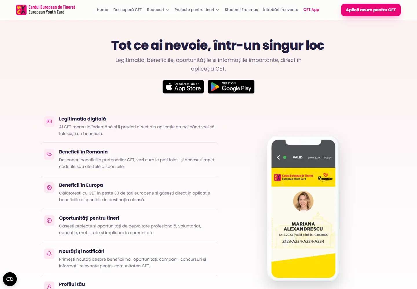 Pagina publică a aplicației CET